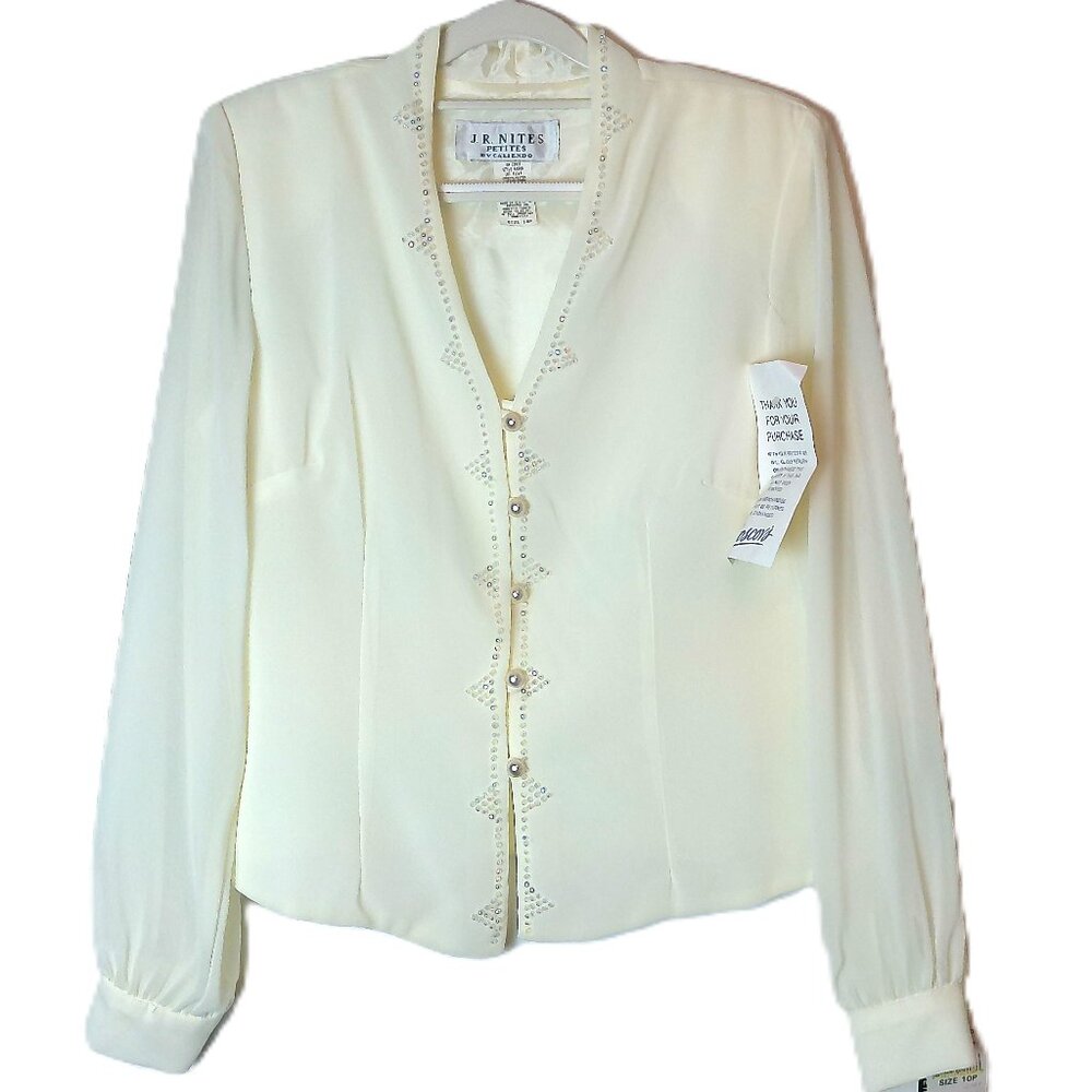 Sheer Ivory Blouse J.R. Nites Petites by Caliendo Top Pearl Accents Long Sleeve